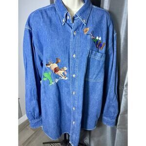 Vintage The Disney Store Large Embroidered Denim Shirt Goofy Cowboy Theme Button